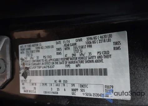 2015 Ford Escape S из США, поврежденный, VIN 1FMCU0F78FUA75337